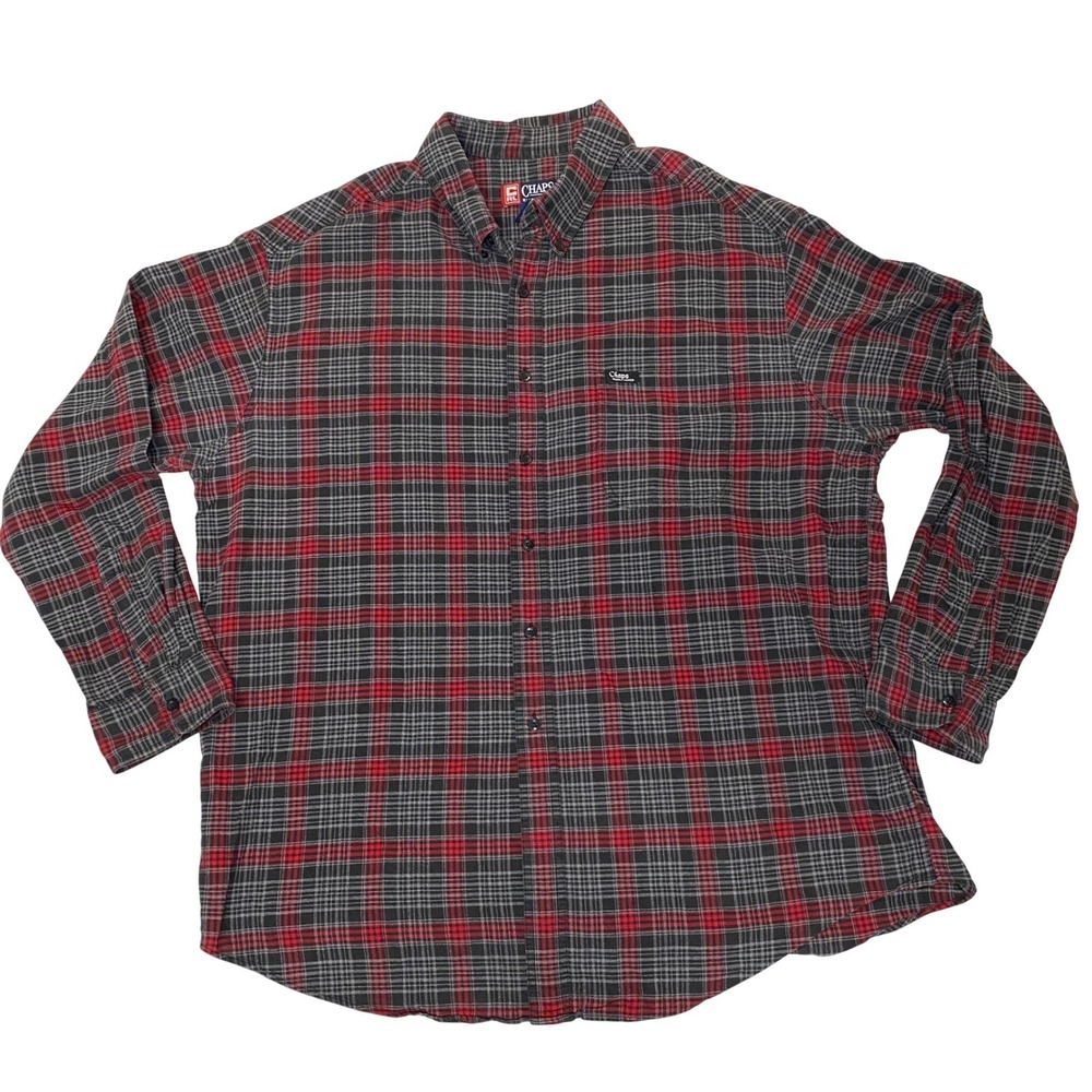 Chaps Ralph Lauren Men's XXL Plaid Flannel Button Down Shirt Red Gray Cotton‎